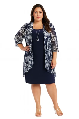 R & M Richards Plus Size Mesh Jacket & Dress Navy Size 20W Knee Length - Image 1 of 4