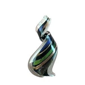 Vtg Hand Blown Glass Ribbon Sparkly Necklace Pendant Purple Blue Copper Black - Picture 1 of 3