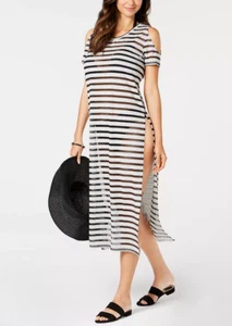 Calvin Klein Crochet Striped Cold-Shoulder Cover-Up Black Multi Size S/M 3628 - Picture 1 of 2