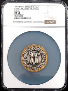 1954 Swiss Shooting Fest Medal, R-169a, Silvered-AE, 50 mm, Basel, NGC MS 63! - Picture 1 of 6