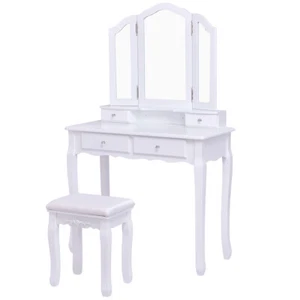 Elegant Tri Folding Mirrored 4 Drawers Vanity Makeup Table ＆ Stool Set Home - Picture 1 of 7