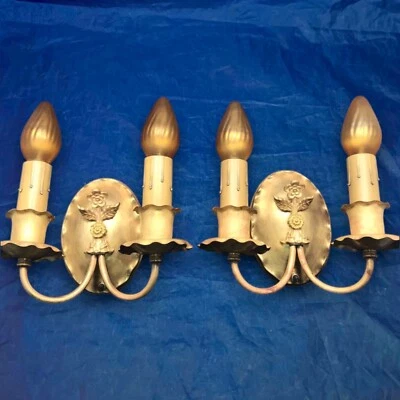 古董一对艺术装饰两臂黄铜壁灯固定装置罕见! 42C — 第 1/4 张图片