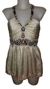 Vtg Y2K Womens Gold Embroidered Silk Linen Babydoll Grunge Goth Cami Tank Top S - Picture 1 of 4