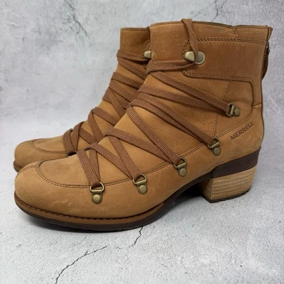 全新 Merrell Shiloh II 橡木棕色皮革踝靴 系带 拉链 女式 8.5 码 — 第 1/4 张图片