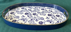 American Atelier Serving Tray w/Gold Trimming, Oval Handles Blue White Flowers - Picture 1 of 9
