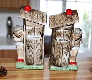 Vintage Outhouse Salt & Pepper Shakers Risque Pinup Japan - Picture 1 of 5