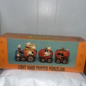 Vintage 90’s Hand painted Lighted Porcelain 3 Pc Halloween Train Set - Picture 1 of 12