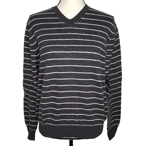 Club Monaco Large Sweater V Neck Pullover L/S Gray Silver Stripe 100% Wool - Picture 1 of 7