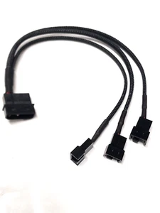 Molex to 3 x 3 pin Fan 20cm Y Splitter Power Cable 5v 12v Black Sleeved - Picture 1 of 7