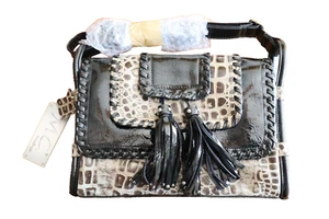 M.C. Patent Leather Blk Gray Faux Gator Print Purse Multiple Compartments Tassel - Picture 1 of 18