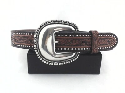 Cinturón Justin Prescott Marrón Cuero Tooled Mini Tachuelas Hebilla Grande talla 30 Foto 1 de 4