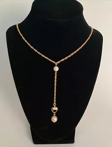 Vintage Faux Pearl Drop Heart Gold Toned Necklace - Picture 1 of 5