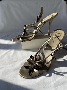 CHRISTIAN DIOR SANDALS Vintage BEIGE CRYSTAL EMBELLISHED SATIN BOW ANKLE STRAP - Picture 1 of 24
