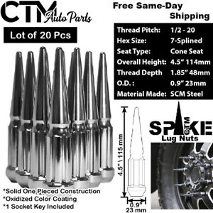 20Pc 4.5" TALL CHROME 1/2-20 SOLID STEEL SPLINE SPIKE LUG NUT+KEY FIT JEEP DODGE