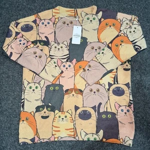 Wool-Blend Soft Cozy Oversized Cute Cats Graphic Print Sweater Women's Size M - Picture 1 of 11