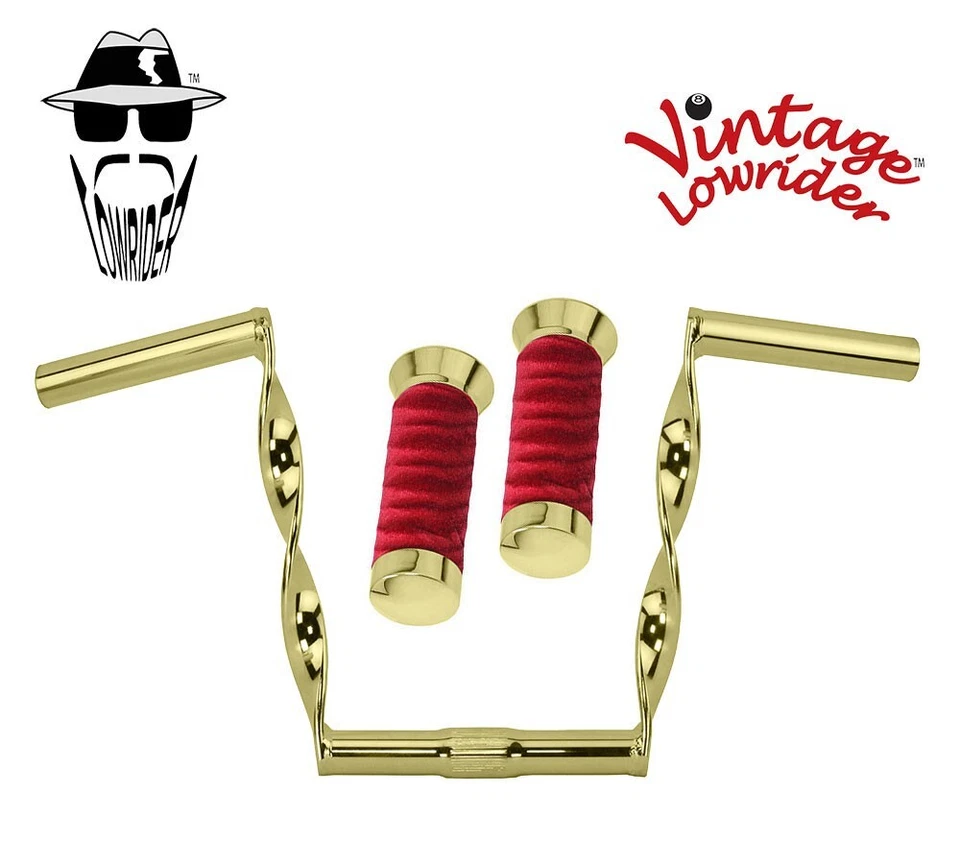 Guidão antigo Lowrider 9" dourado plano torcido 25,4 mm e alças vermelhas redemoinho de veludo. - Imagem 1 de 1