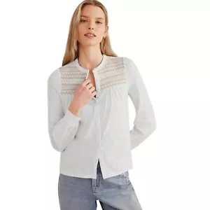 Boden White Button Through Smocked Yoke Embroidered Shirt - Size 10 NEW - Picture 1 of 12