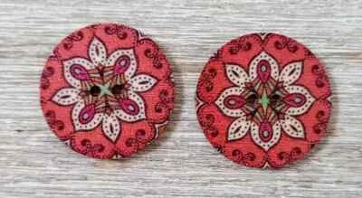 boho wood flowers buttons sewing 2 holes 1 inch red yellow set #1110 2pc new - Image 1 of 2