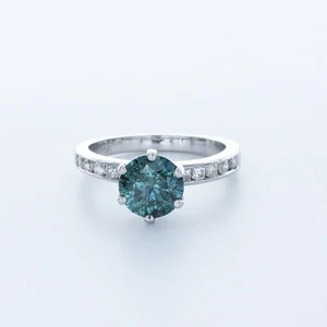 2.7CT Natural Diamond Blue/SI2 Round Cut 14K Gold 4-Prong Classic Sidestone Ring - Picture 1 of 4