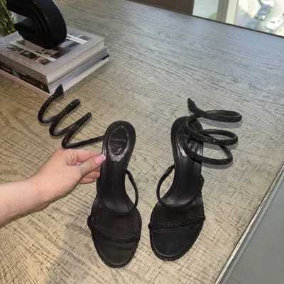 Rene Caovilla Margot Black On Black Crystal Ankle Wrap Strap Sandal Heel Pump 37 - Image 1 of 4