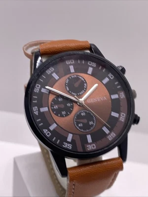 Geneva мужской коричневый кожаный Quart черный часы работает новый аккумулятор - Изображение 1 из 4