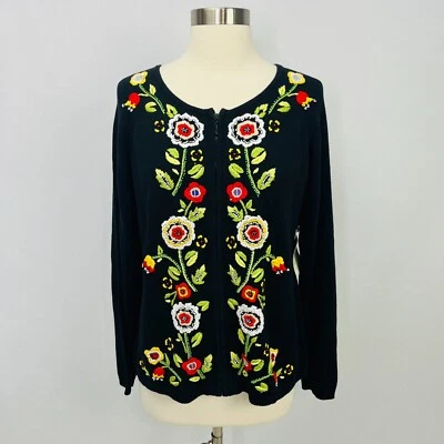 Susan Bristol NWT Black Floral Sweater Sz L Full Zip Hand Embroidered VTG $128 - Image 1 of 4