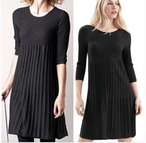 Eileen Fisher Charcoal Gray Ribbed Pleated 100% Fine Wool Knit Dress Size XS - Picture 1 of 12