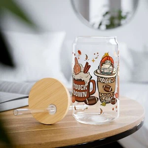 Football Fall Coffee Glass with Straw, 16oz - Picture 1 of 5