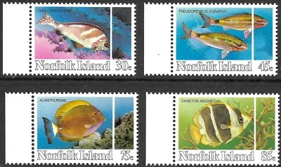 Norfolk Island Scott 339-342 FISH XF Mint Never Hinged Margin Copies. - Image 1 of 4