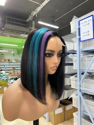 Black 2x6 Lace Front Wig Highlight Blue Purple Straight Short Bob Human Hair Wig - Image 1 of 4