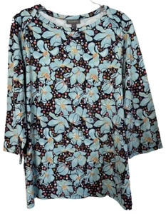 3X T-shirt donna taglie forti 100% cotone Pima blu fioritura manica 3/4 nuova con etichetta! - Foto 1 di 3