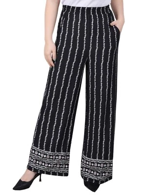 NY Collection Women's Wide LegPants (Black Floral Border, Petite Large) Sz PL - Image 1 of 4
