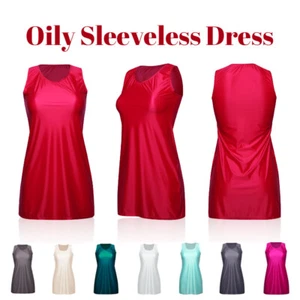 Women Oil Shiny Glossy Vest Tank Dress Sleeveless Bodycon Mini Short Dress - Picture 1 of 20