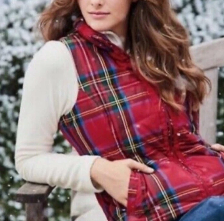 Classic Preppy Land End woman’s Red Plaid Quilted Down Puffer Vest Lightweight M - Image 1 of 4