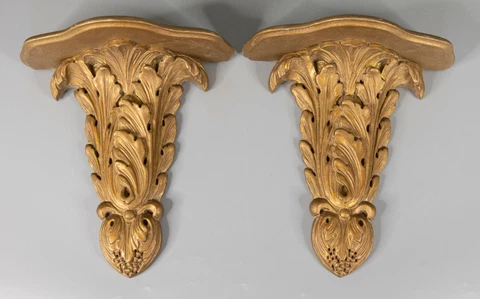 Vintage Mid Century Italian Carved Gilt Wood Acanthus Leaves Brackets Shelves Cover