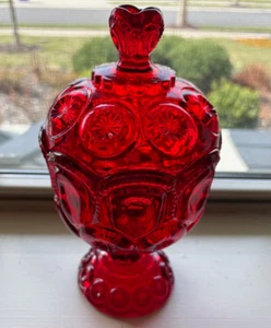 LE Smith Moon and Stars Ruby Red Glass Pedestal Lidded Candy Compote w/Lid, EUC - Picture 1 of 11