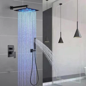 Black Shower Faucet Set Rainfall Shower Head Combo w/ Mixer Valve Kit Wall Mount - Picture 1 of 36