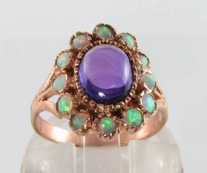 LARGE 9k 9CT ROSE GOLD AMETHYST FIERY OPAL CLUSTER ART DECO INS RING FREE SIZE - Picture 1 of 4