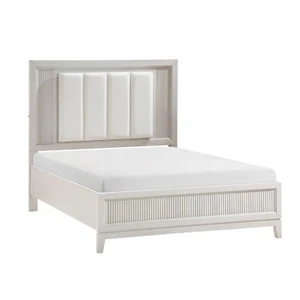 ANTIQUE WHITE FINISH IVORY FABRIC UPHOLSTERED LED KING BED BEDROOM FURNITURE - Picture 1 of 9