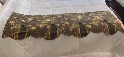 Waverly Gold Green Red Stripe BROWN Floral Scalloped Valances Button 19x54” - Image 1 of 4