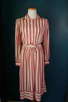 Vintage Liz Claiborne Dress Pink Polka Dots Stripped Belt Button Retro Pin Up 10 - Image 1 of 4