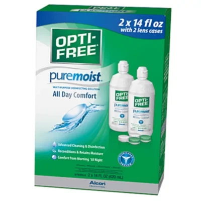 Solución para lentes de contacto Opti-Free PureMoist - 14 oz. (Pack de 2) con 2 fundas para lentes Foto 1 de 4
