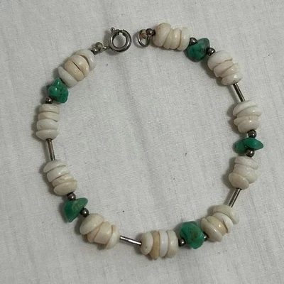 Turquoise Nugget & Pukka Shell Beaded Bracelet with Silver Hardware 7" - Image 1 of 4
