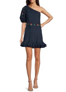 Fanm Mon Flame Linen One Sleeve Ruffle Hem Floral Embroidery Mini Dress XS NWT - Picture 1 of 15
