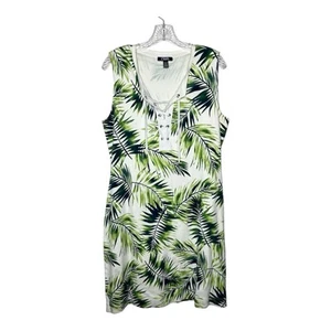 Chaps Dress Womens XL White Green Palm Leaf Print Cotton Tropical Resort Wear - Picture 1 of 8