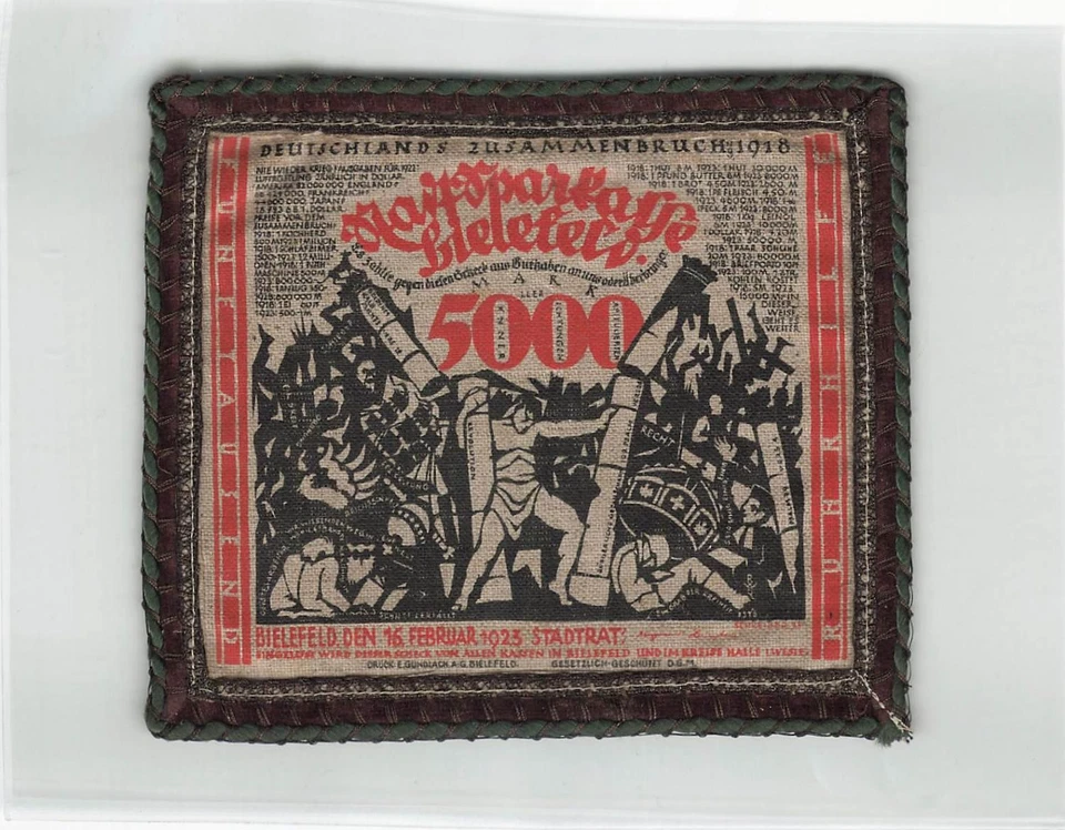 Bielefeld Stoffgeld Jute Sparkasse 5000 Mark 1923 braun-grüne Borte Kfr (G.67c) - Bild 1 von 2