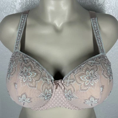 Prima Donna Lotus Side Support Wire Bra Unpadded UK 42C Lace Bows Green Beige - Image 1 of 4