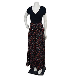 ModCloth Womens Maxi Dress Size S Black Red Floral Faux Wrap V Neck Short Sleeve - Picture 1 of 7