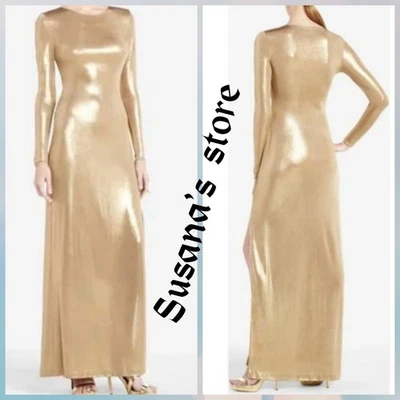 VESTIDO MAXI NOVO COM ETIQUETAS BCBG MAXAZRIA TAMANHO S FRESCO DOURADO MALHA METÁLICA ACABAMENTO FENDA LATERAL - Imagem 1 de 3