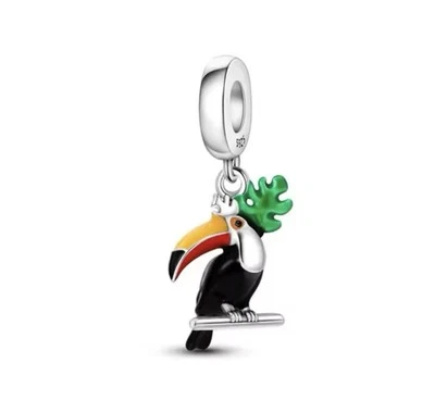 Berloque de prata esterlina pingente de contas de pássaro tucano preto para pulseira presente S925 - Imagem 1 de 3